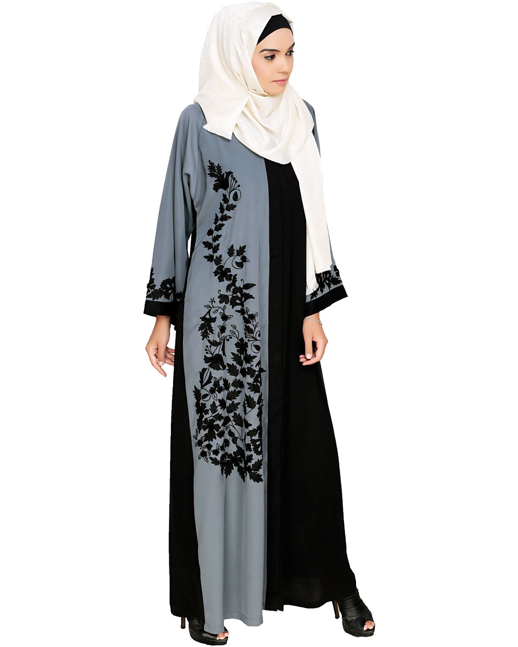 Wanderlust Embroidery Dubai Style Abaya Grey & Black