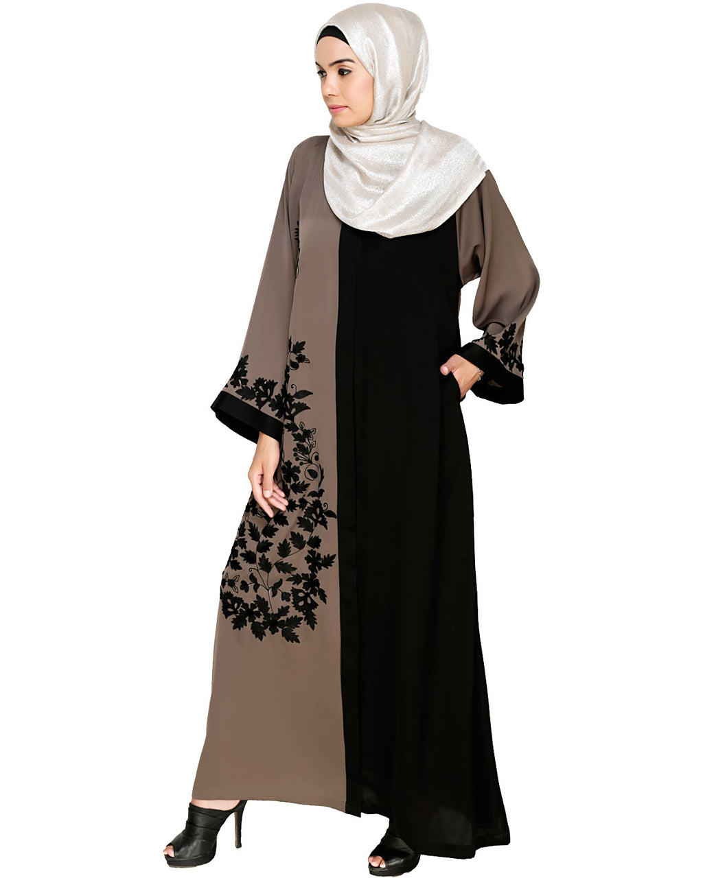 Wanderlust Embroidery Dubai Style Abaya Mud Brown & Black