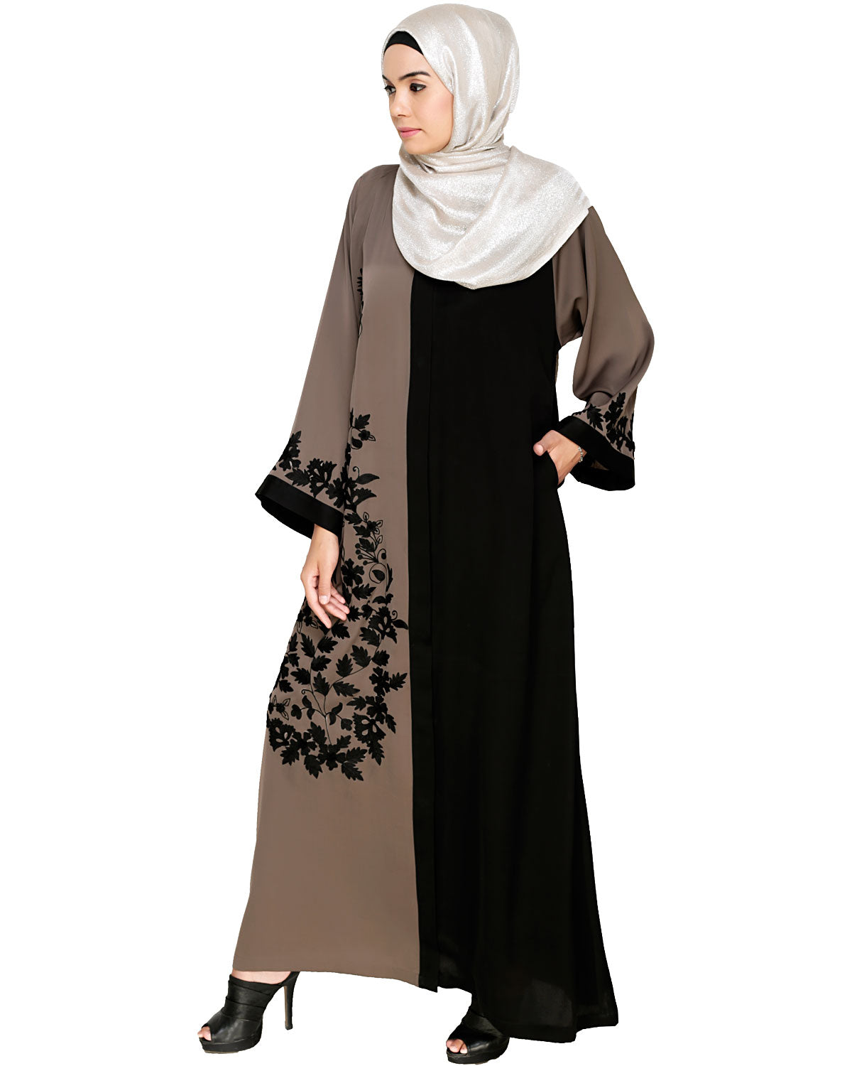 Wanderlust Embroidery Dubai Style Abaya Mud Brown & Black