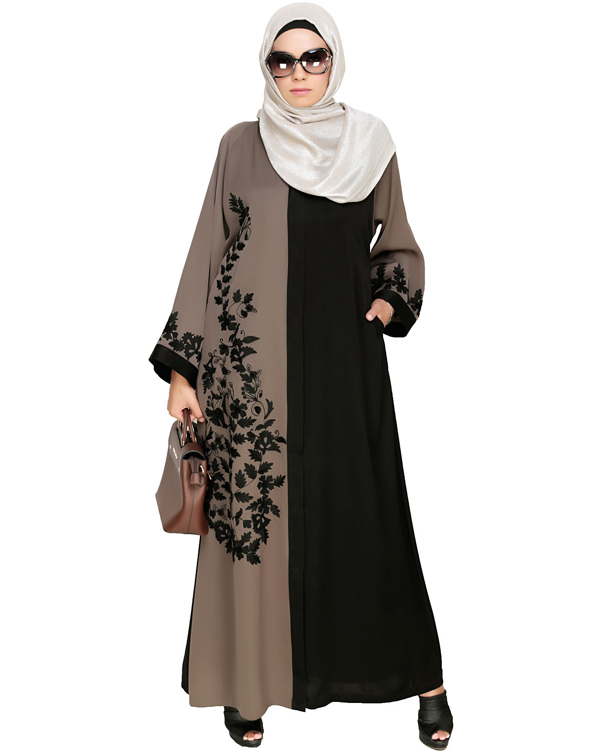Wanderlust Embroidery Dubai Style Abaya Mud Brown & Black