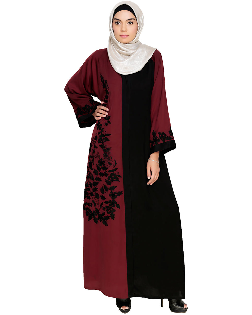 Wanderlust Embroidery Dubai Style Abaya Wine & Black