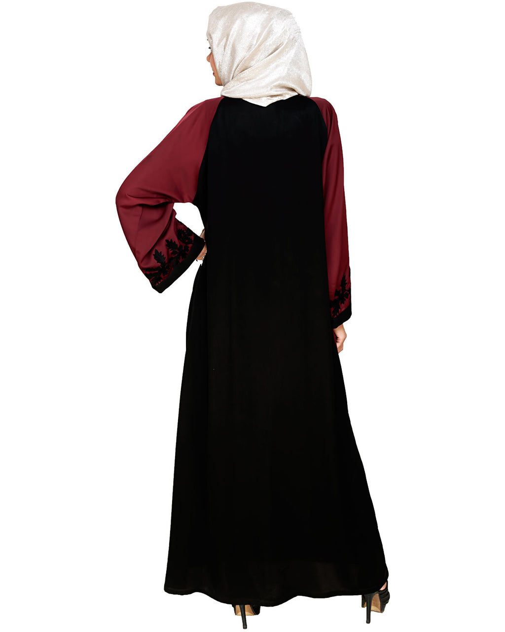 Wanderlust Embroidery Dubai Style Abaya Wine & Black