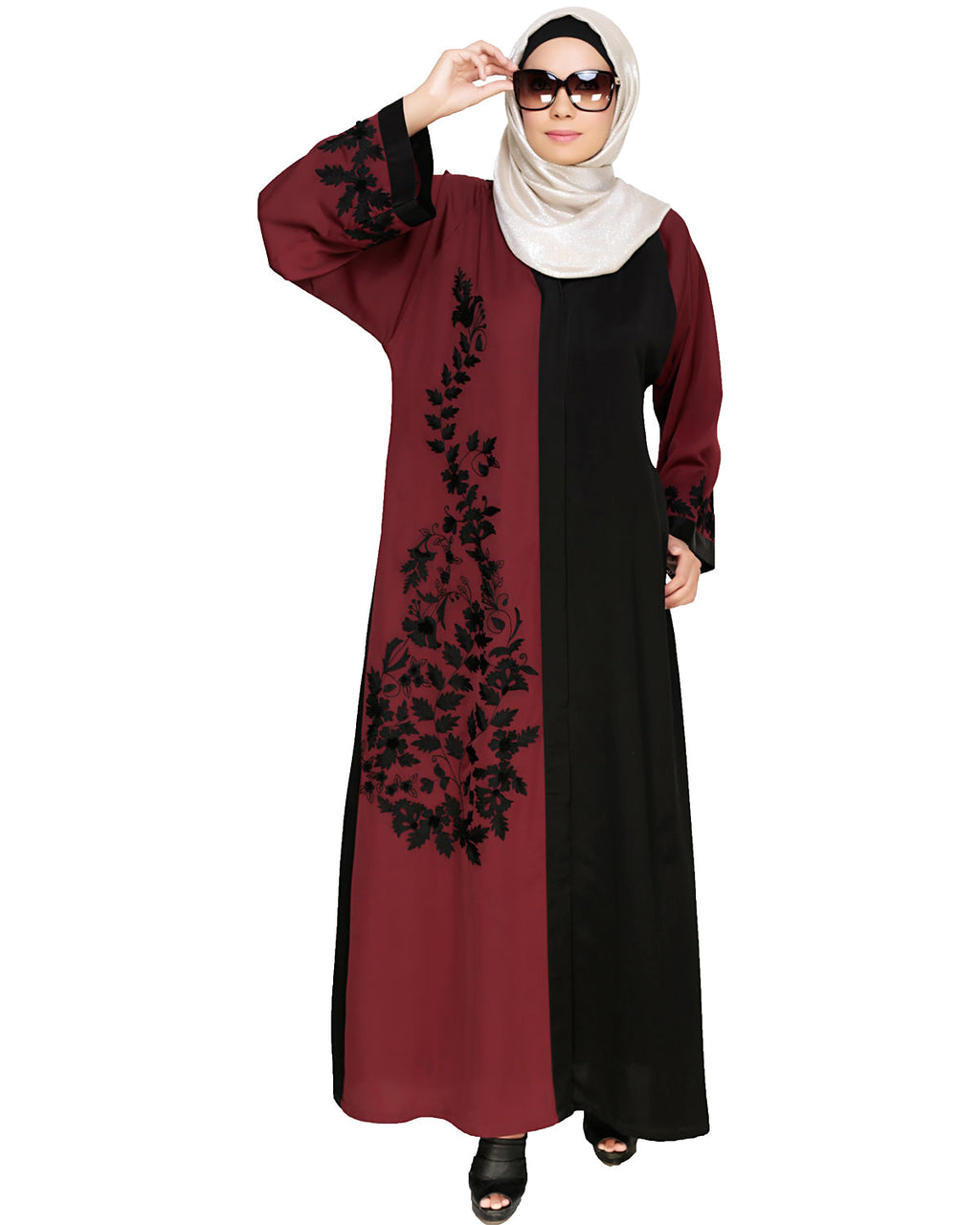 Wanderlust Embroidery Dubai Style Abaya Wine & Black