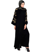 Alluring Floral Embroidery Dubai Style Abaya Black
