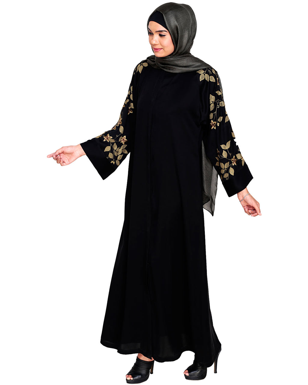 Alluring Floral Embroidery Dubai Style Abaya Black