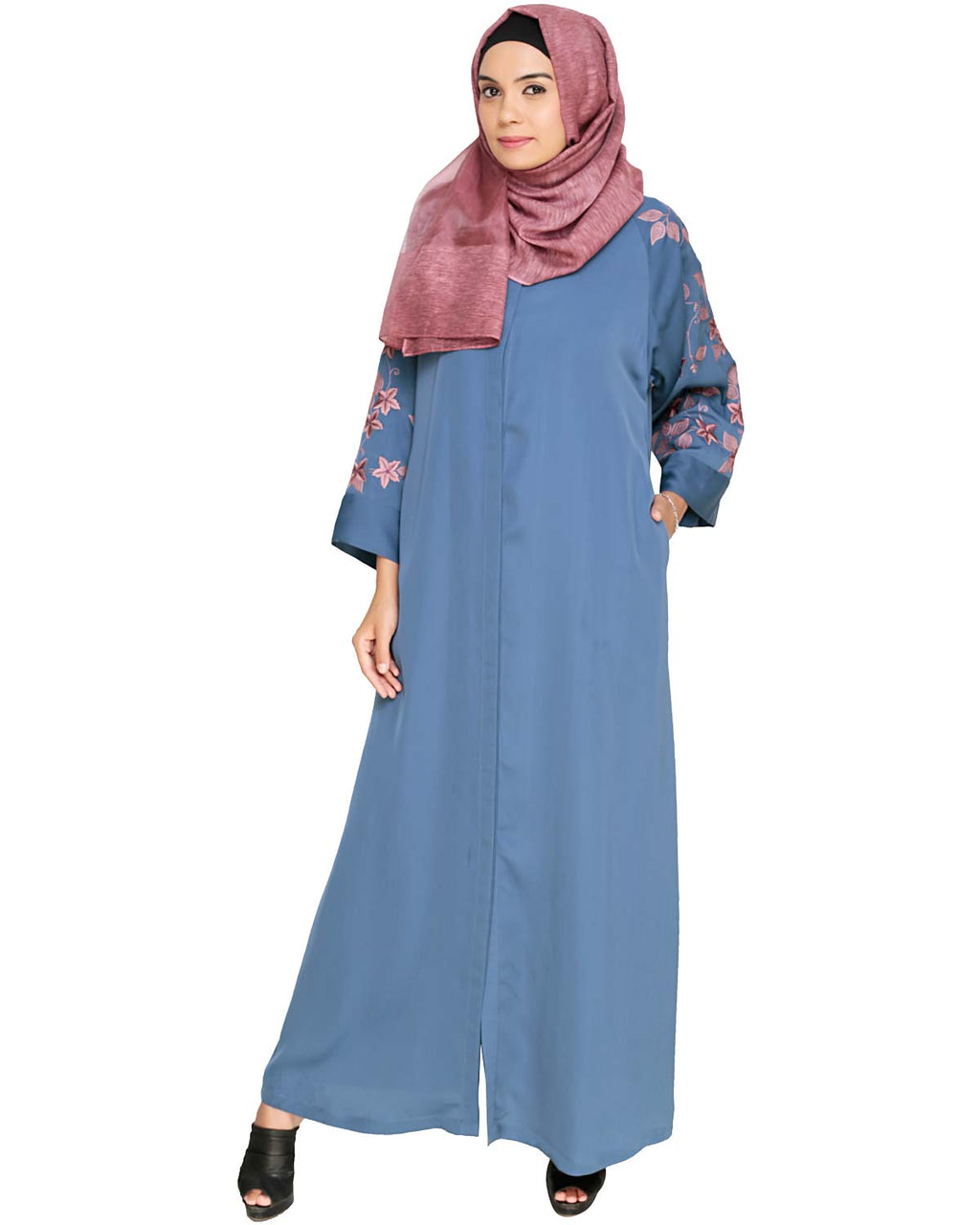 Alluring Floral Embroidery Dubai Style Abaya Blue