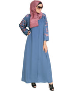 Alluring Floral Embroidery Dubai Style Abaya Blue