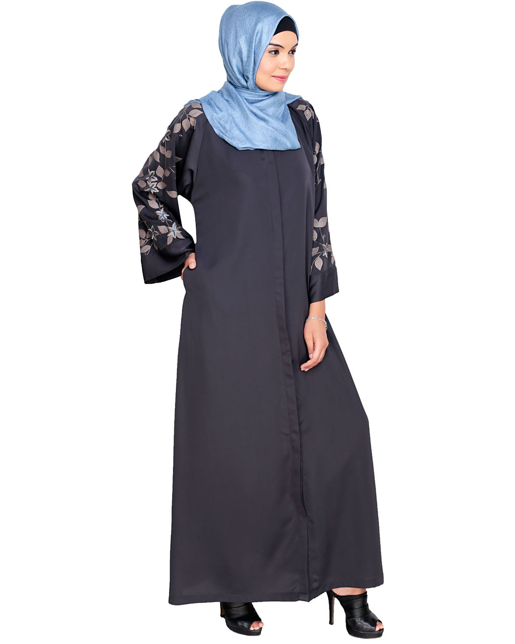 Alluring Floral Embroidery Dubai Style Abaya Dark Grey