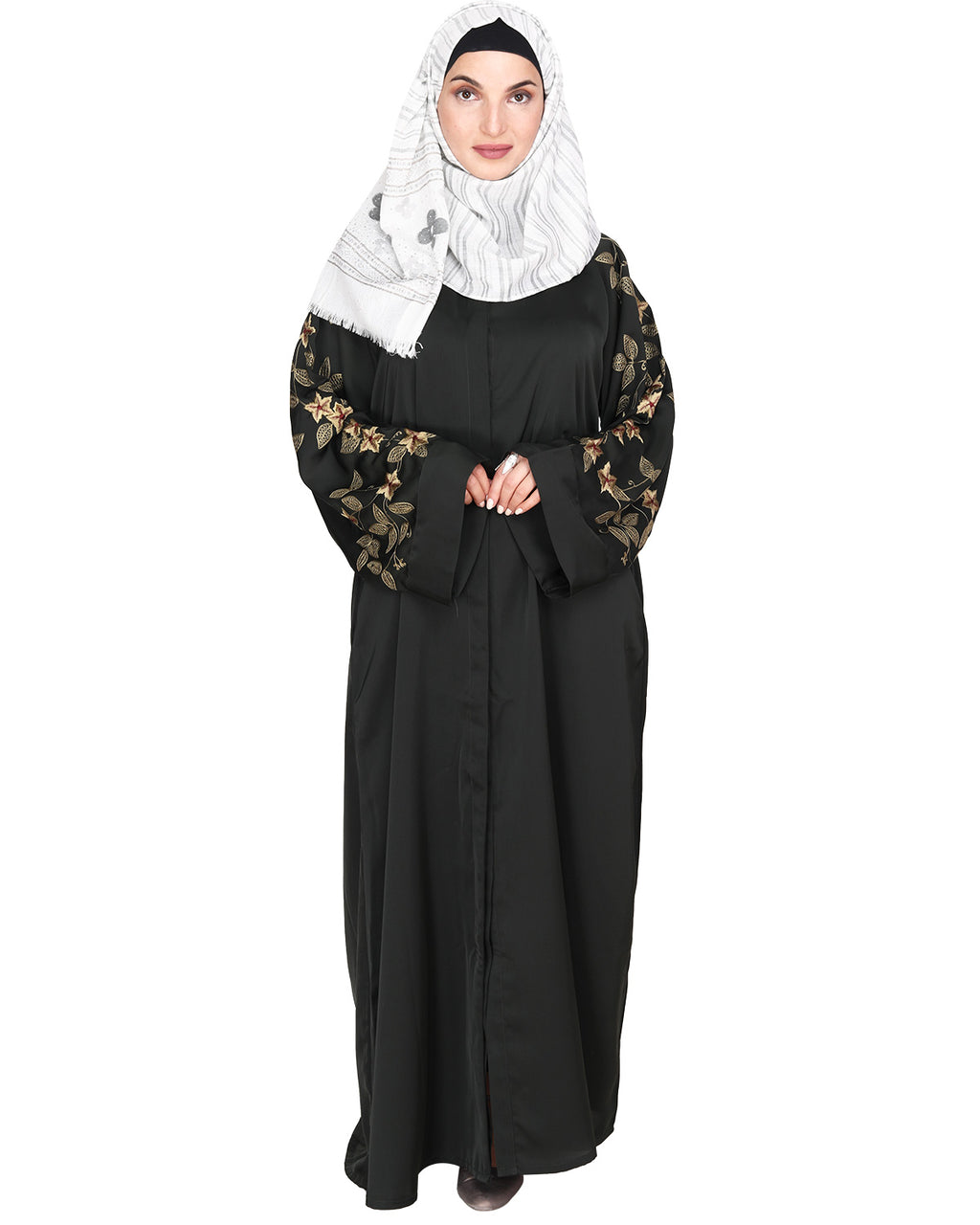 Alluring Floral Embroidery Dubai Style Abaya Olive Green