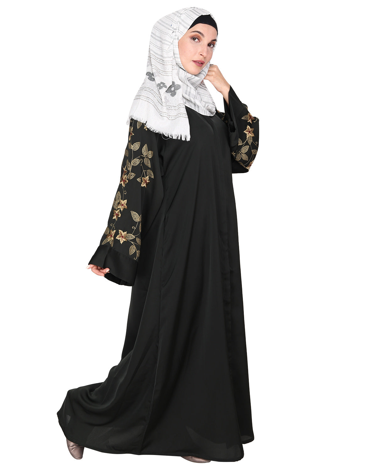 Alluring Floral Embroidery Dubai Style Abaya Olive Green
