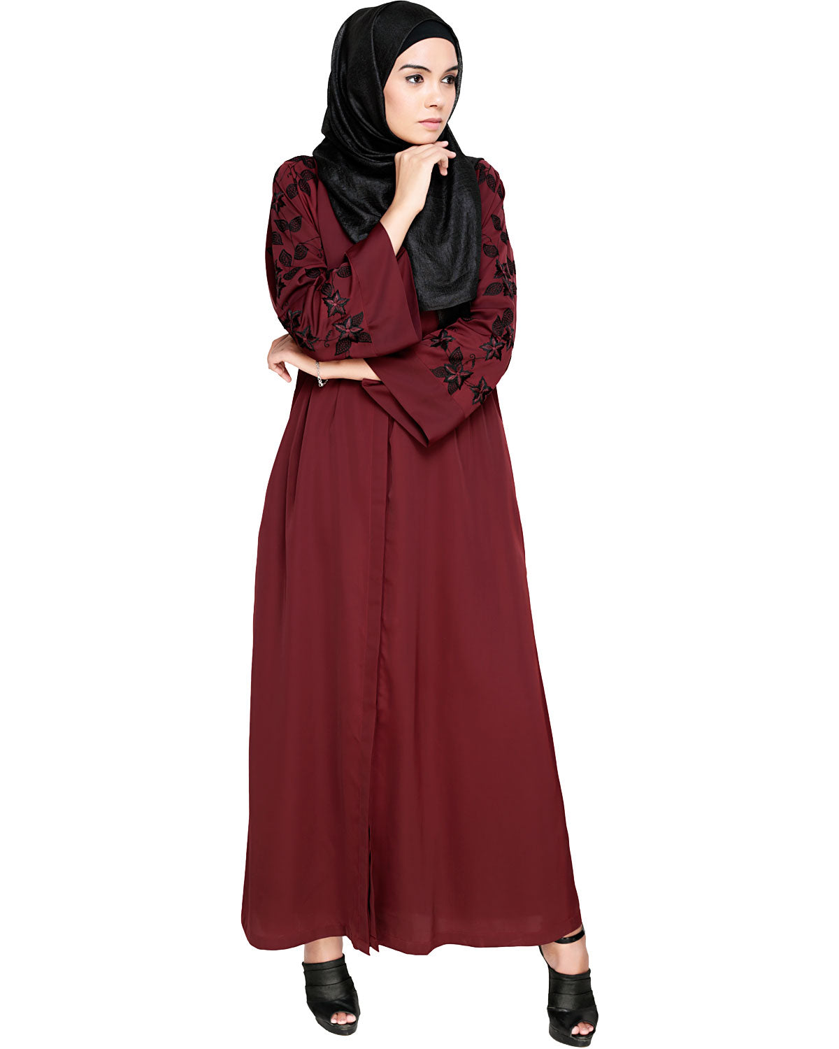 Alluring Floral Embroidery Dubai Style Abaya Wine