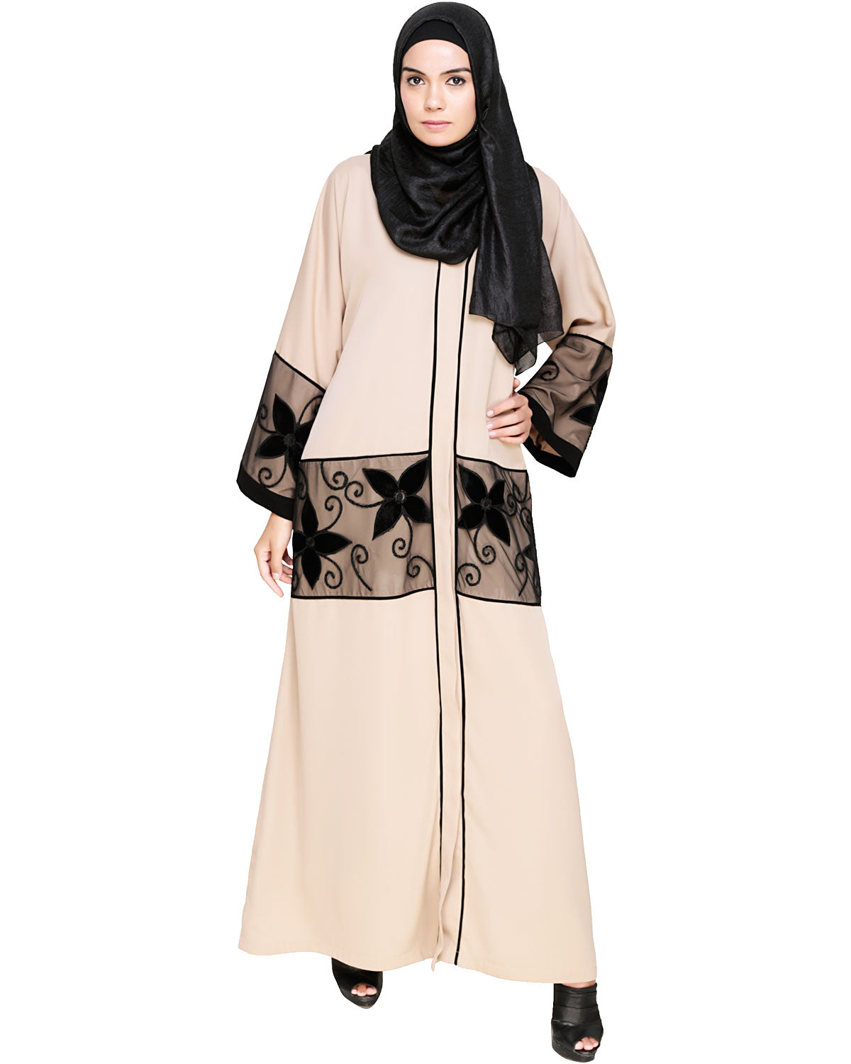 Floral Lace Embroidered Dubai Style Abaya Beige
