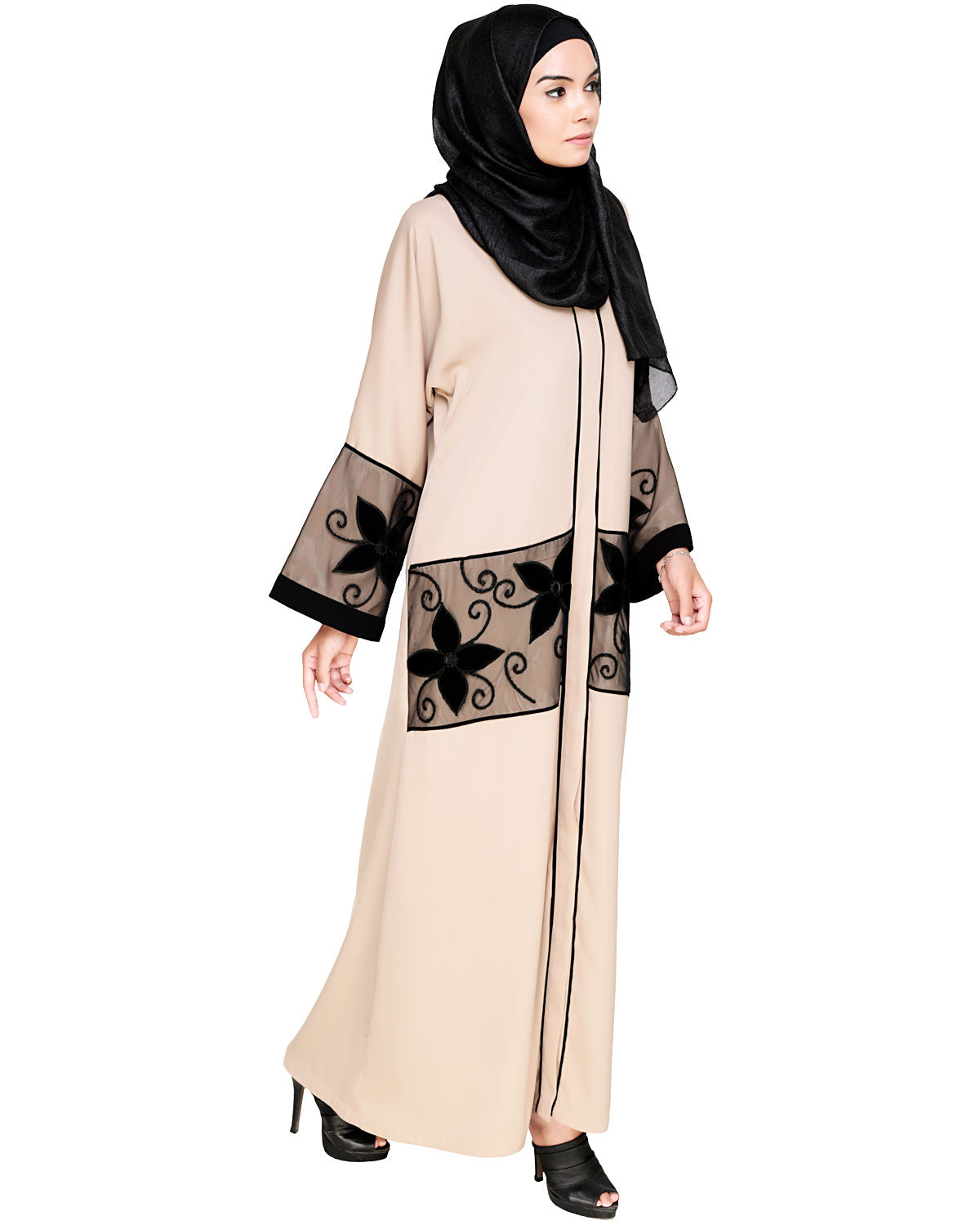 Floral Lace Embroidered Dubai Style Abaya Beige
