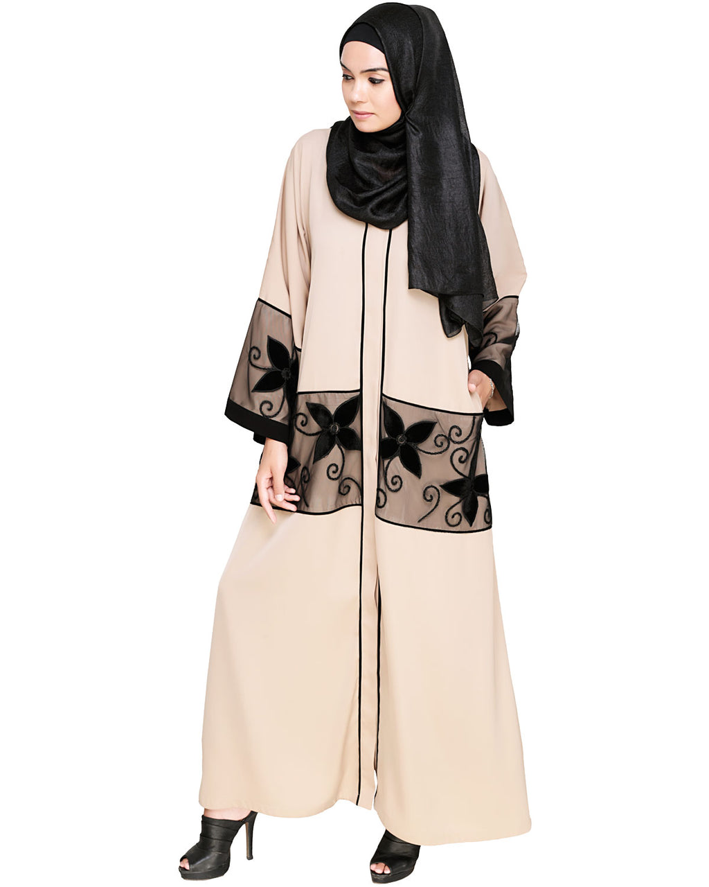 Floral Lace Embroidered Dubai Style Abaya Beige