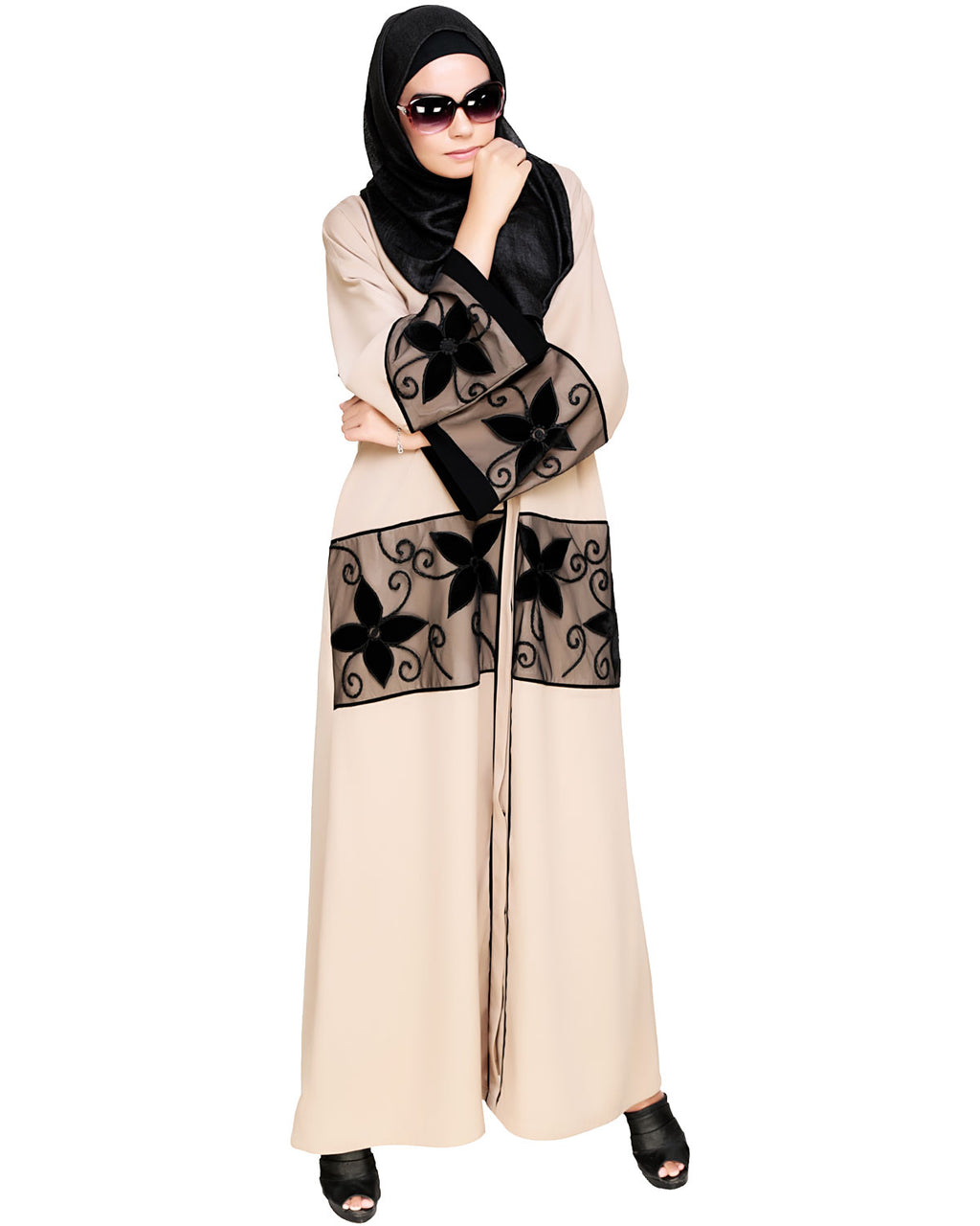 Floral Lace Embroidered Dubai Style Abaya Beige