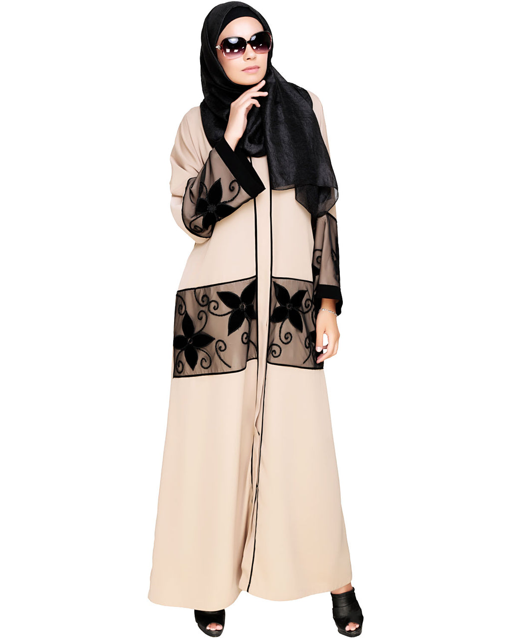Floral Lace Embroidered Dubai Style Abaya Beige