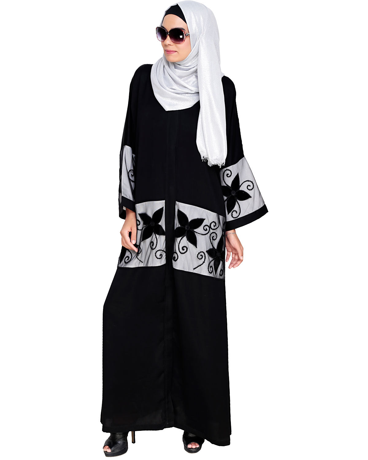 Floral Lace Embroidered Dubai Style Abaya Black