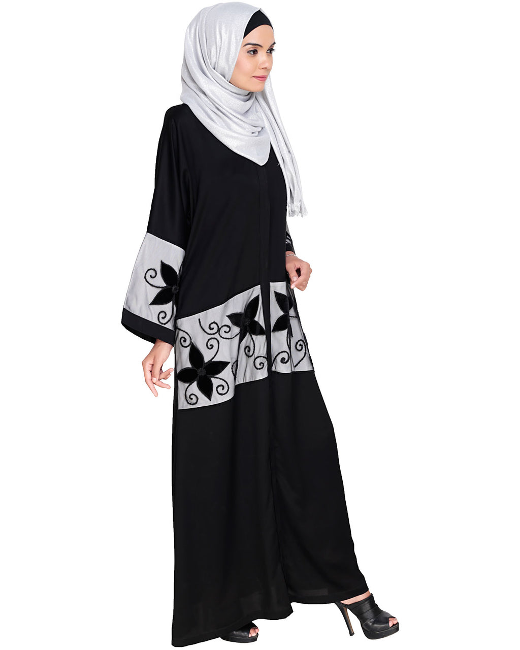 Floral Lace Embroidered Dubai Style Abaya Black