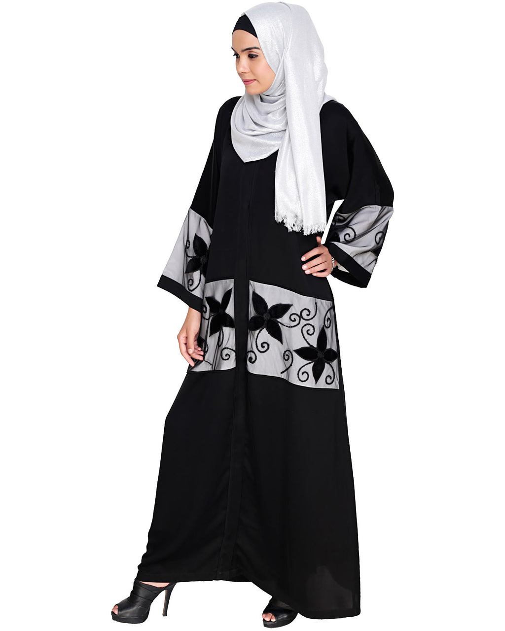 Floral Lace Embroidered Dubai Style Abaya Black