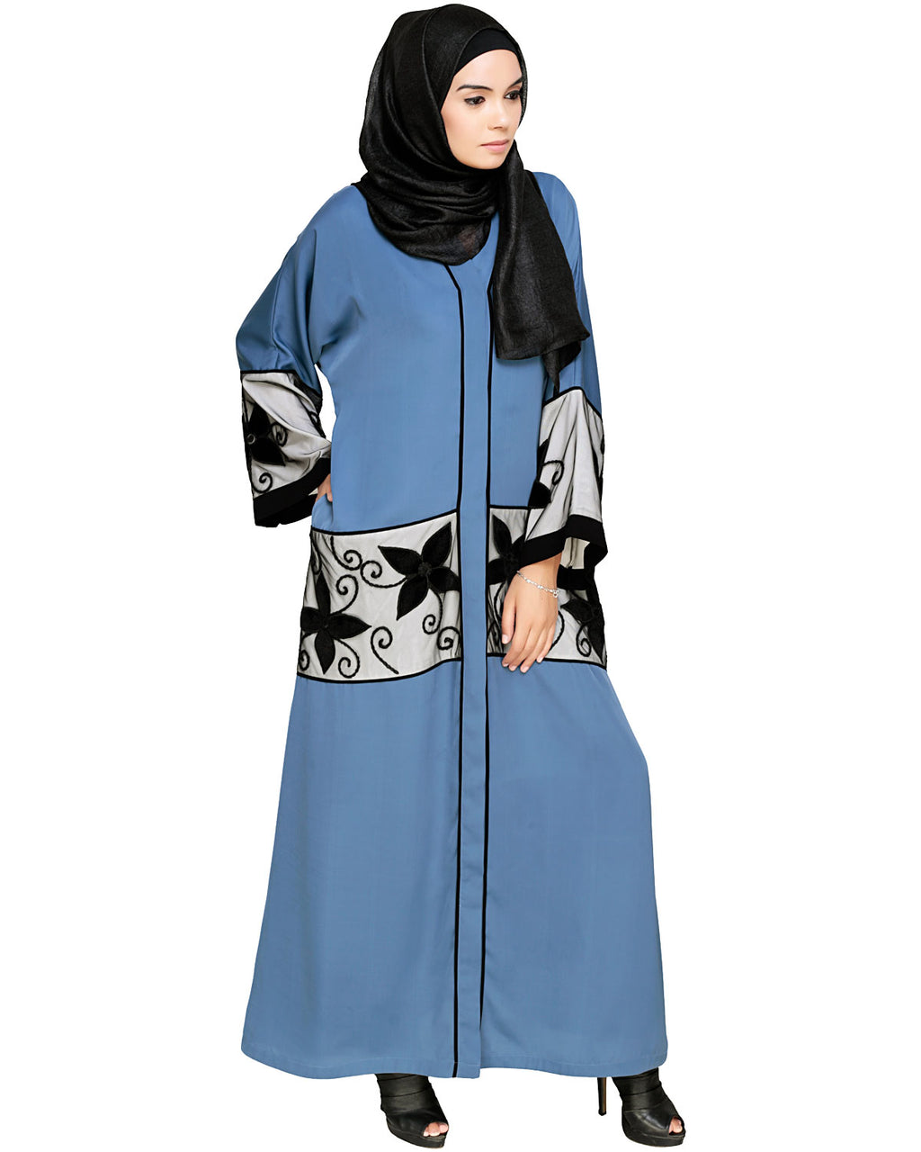 Floral Lace Embroidered Dubai Style Abaya Blue