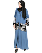 Floral Lace Embroidered Dubai Style Abaya Blue