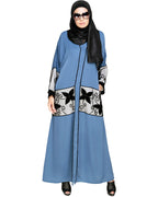 Floral Lace Embroidered Dubai Style Abaya Blue