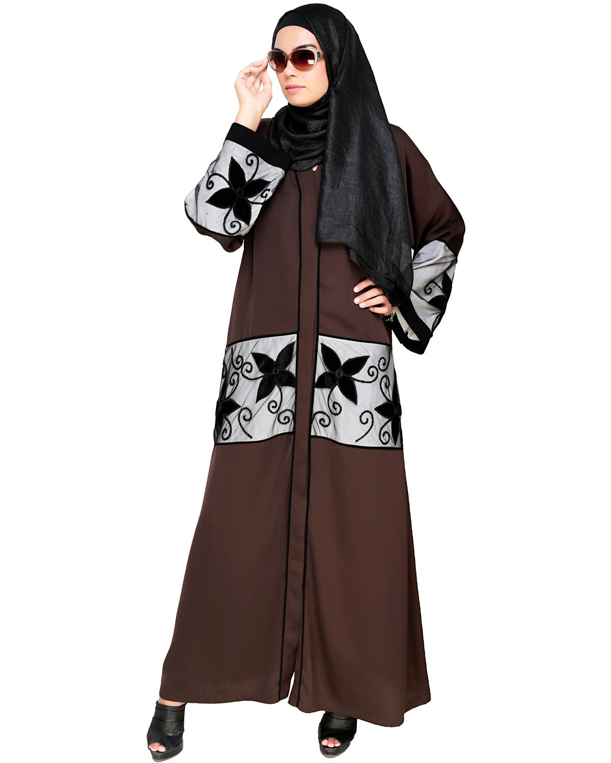 Floral Lace Embroidered Dubai Style Abaya Dark Brown