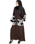 Floral Lace Embroidered Dubai Style Abaya Dark Brown
