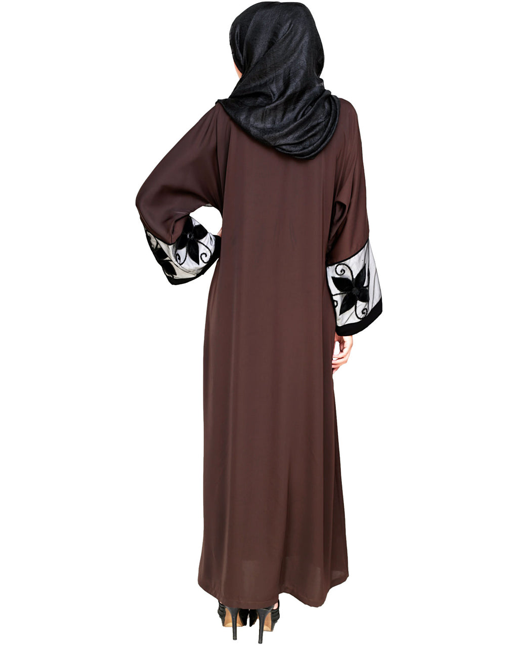 Floral Lace Embroidered Dubai Style Abaya Dark Brown