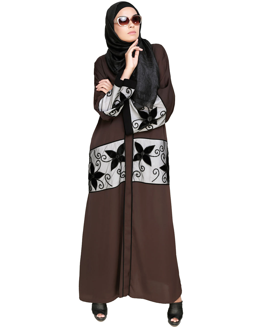 Floral Lace Embroidered Dubai Style Abaya Dark Brown