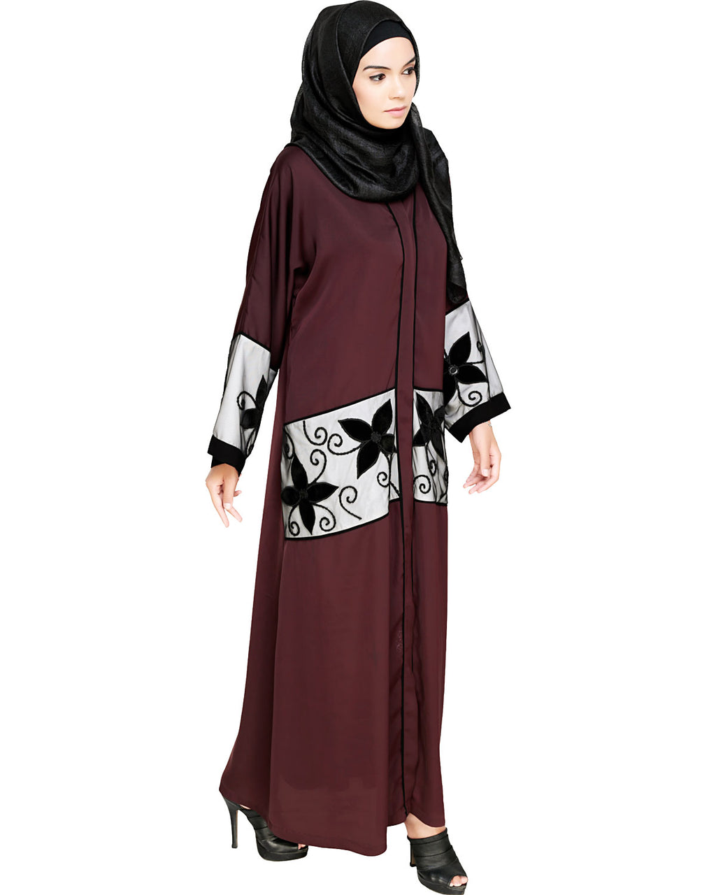 Floral Lace Embroidered Dubai Style Abaya Deep Wine