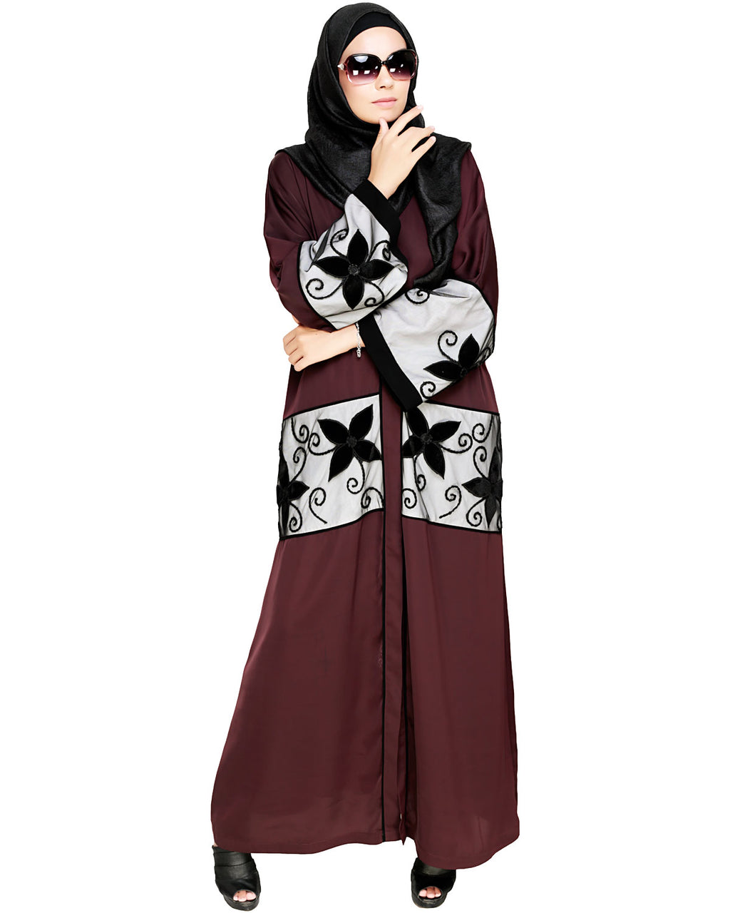 Floral Lace Embroidered Dubai Style Abaya Deep Wine