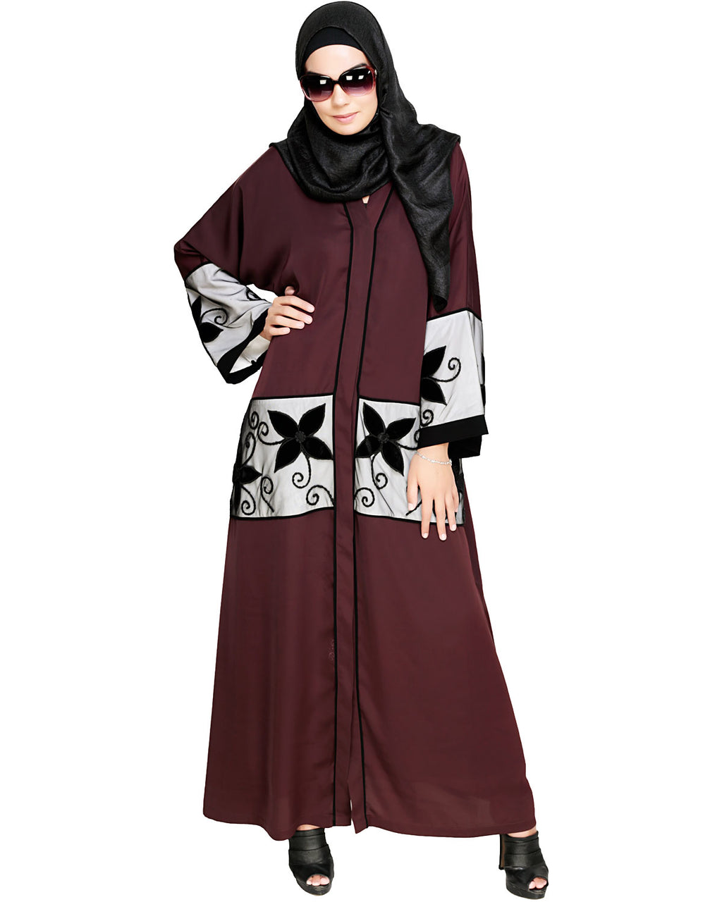 Floral Lace Embroidered Dubai Style Abaya Deep Wine