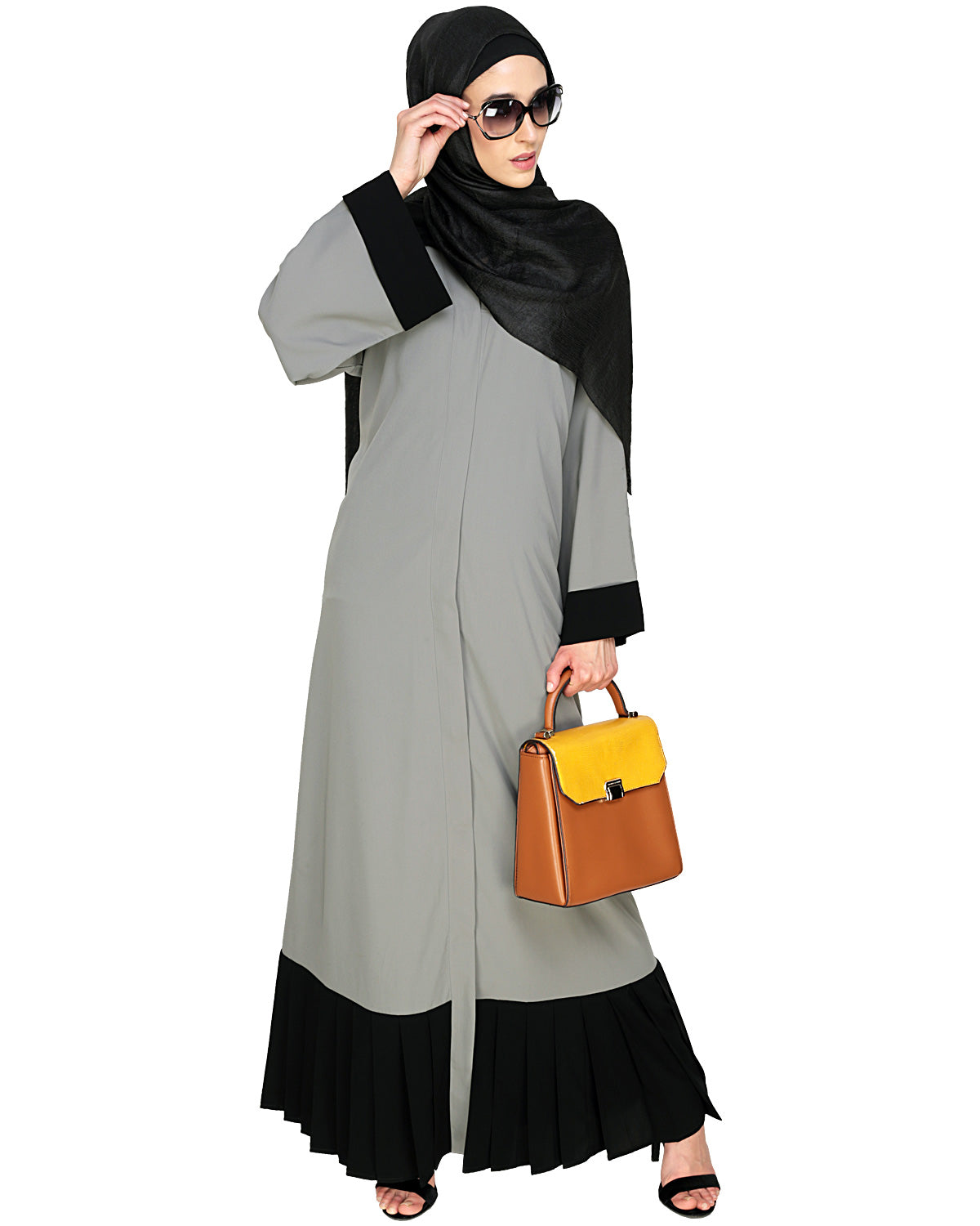 Pleated Bliss Dubai Style Abaya Grey & Black