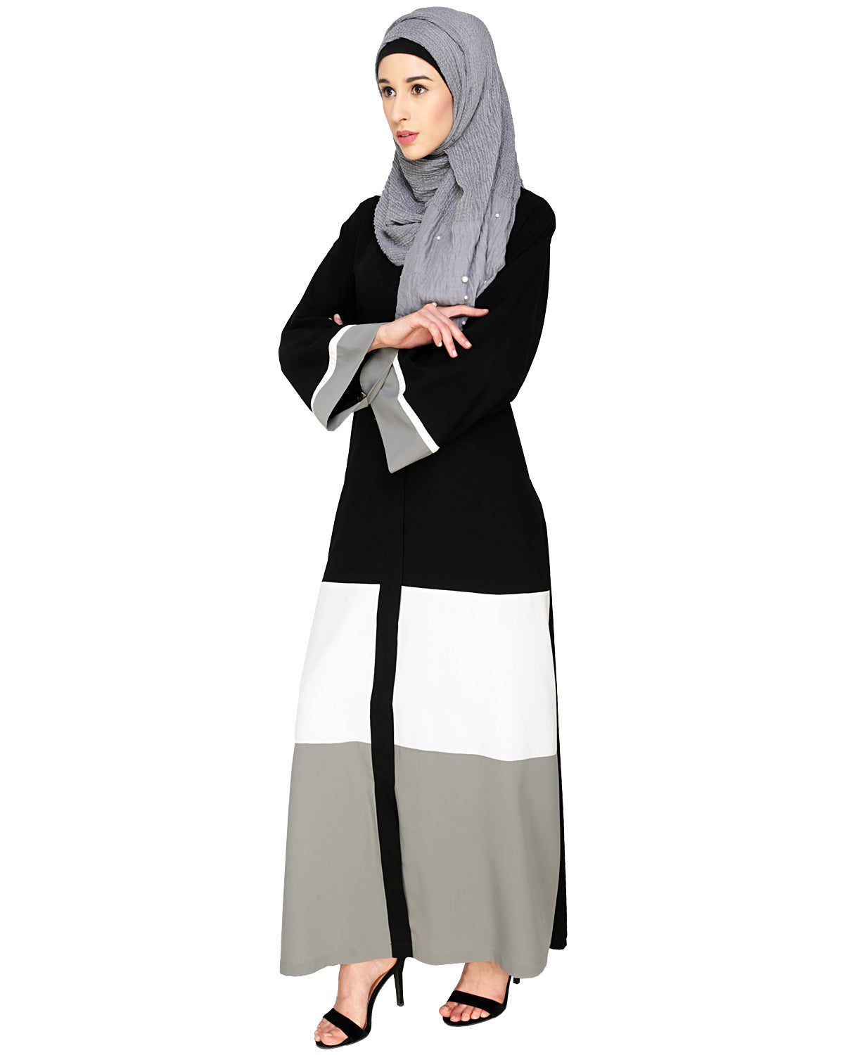 Triple Color Block White Dubai Style Abaya Grey & Black