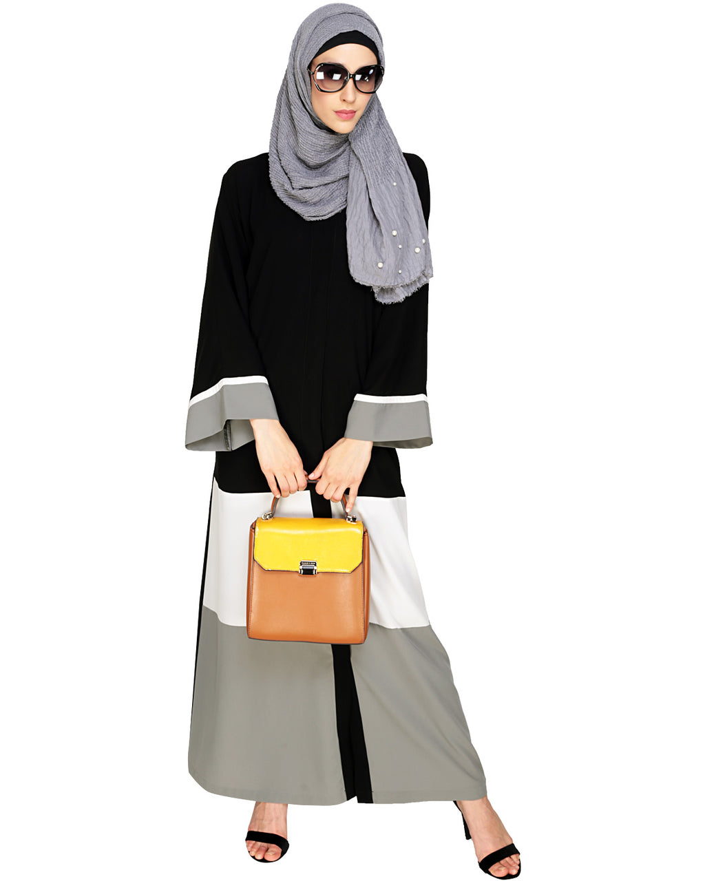 Triple Color Block White Dubai Style Abaya Grey & Black