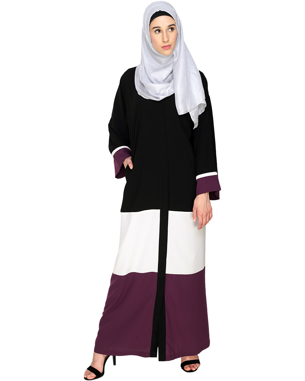 Triple Color Block White Dubai Style Abaya Purple & Black