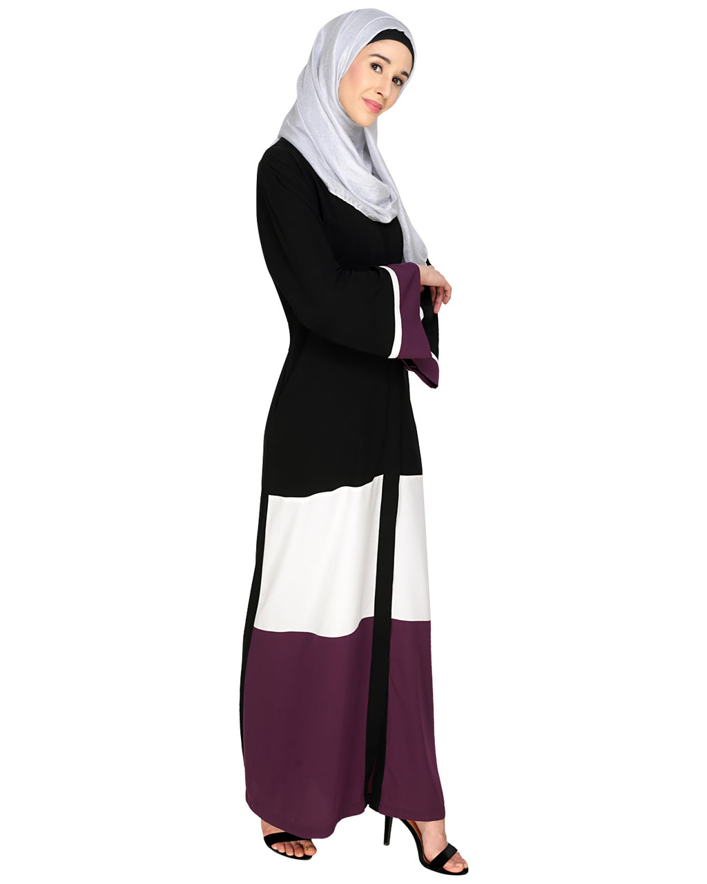 Triple Color Block White Dubai Style Abaya Purple & Black
