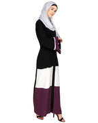 Triple Color Block White Dubai Style Abaya Purple & Black