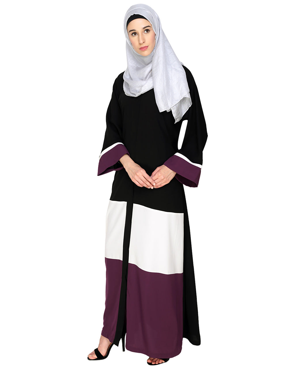 Triple Color Block White Dubai Style Abaya Purple & Black
