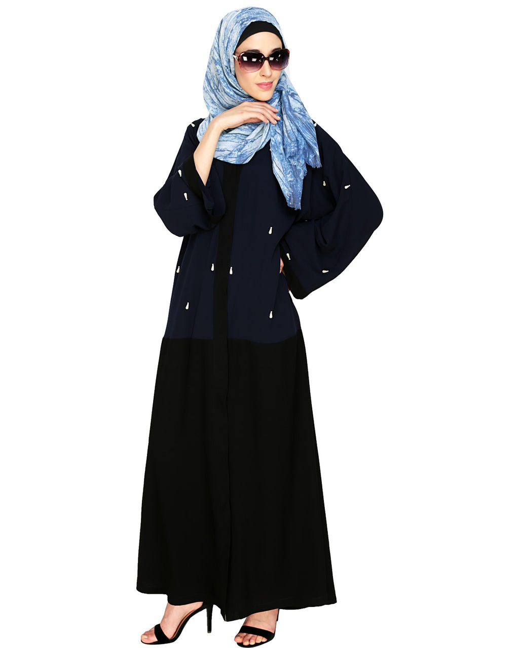 Pearl Delight Dubai Style Abaya Black & Blue