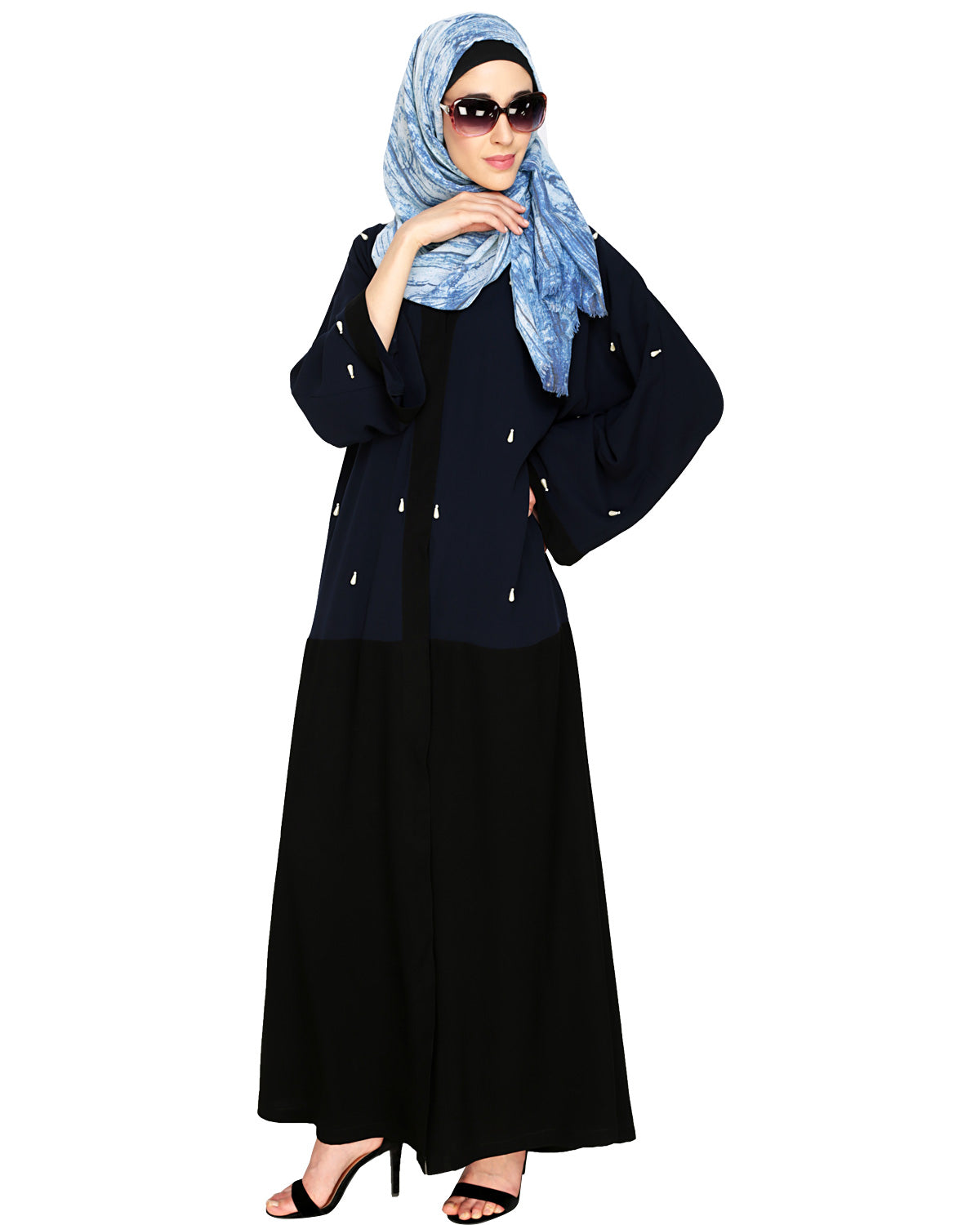 Pearl Delight Dubai Style Abaya Black & Blue