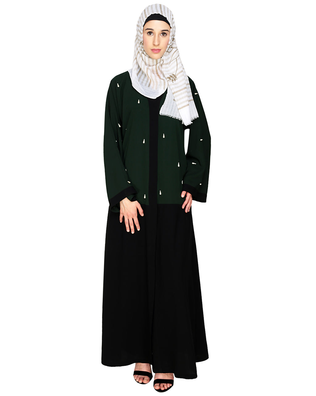 Pearl Delight Dubai Style Abaya Black & Green