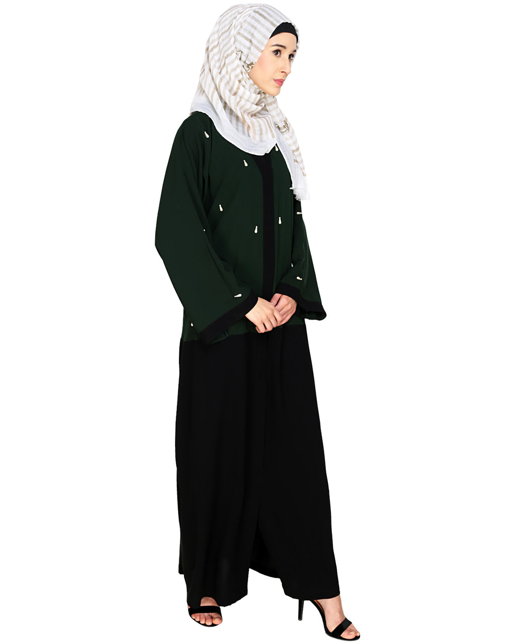 Pearl Delight Dubai Style Abaya Black & Green