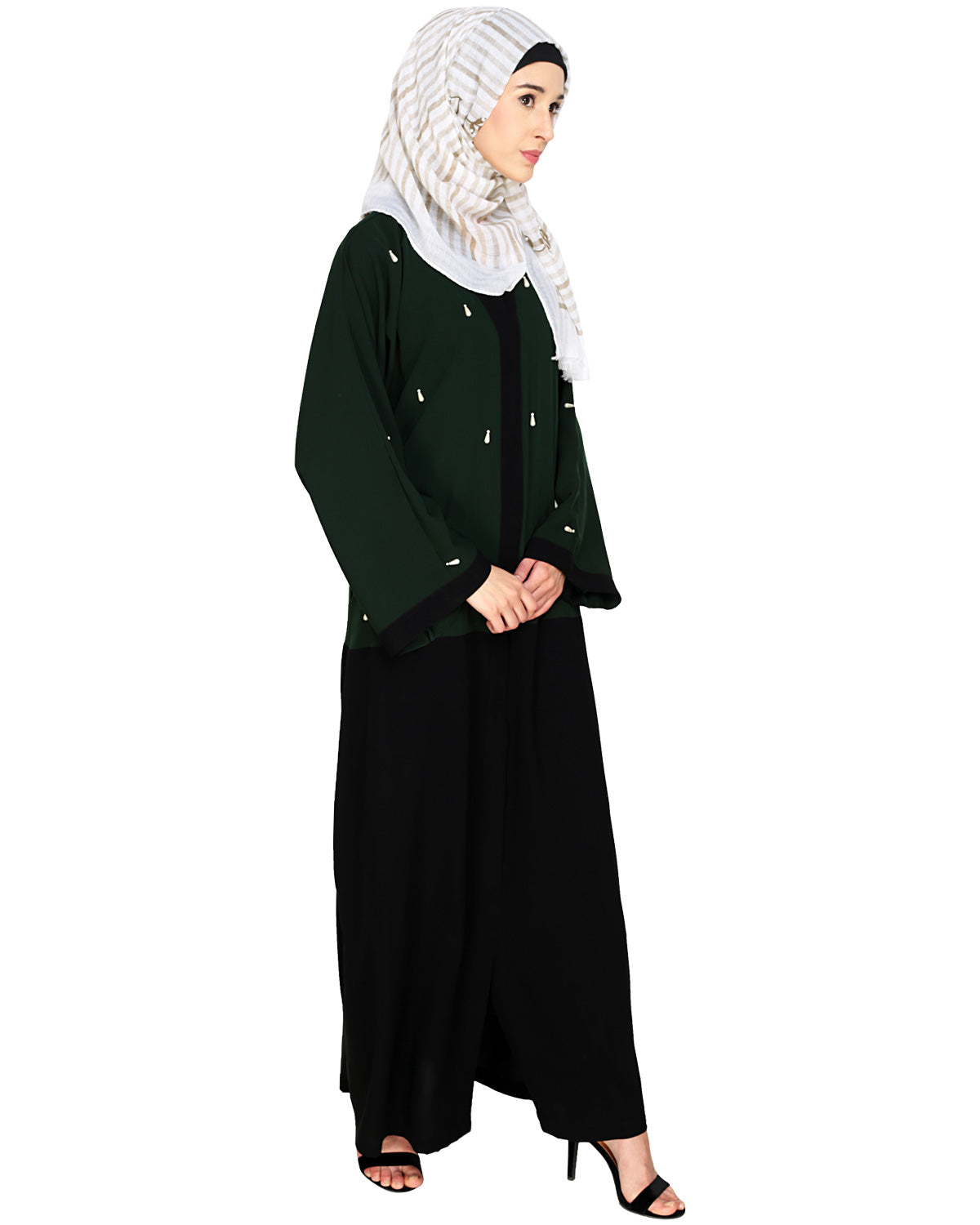 Pearl Delight Dubai Style Abaya Black & Green