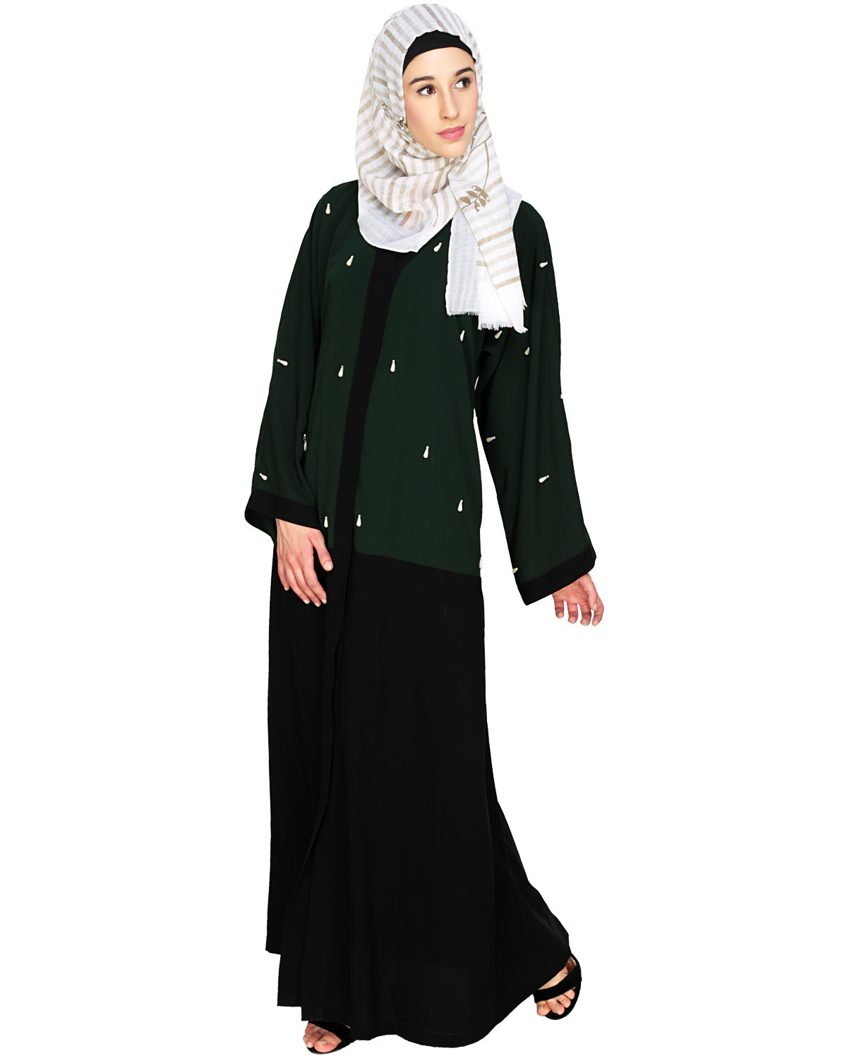 Pearl Delight Dubai Style Abaya Black & Green