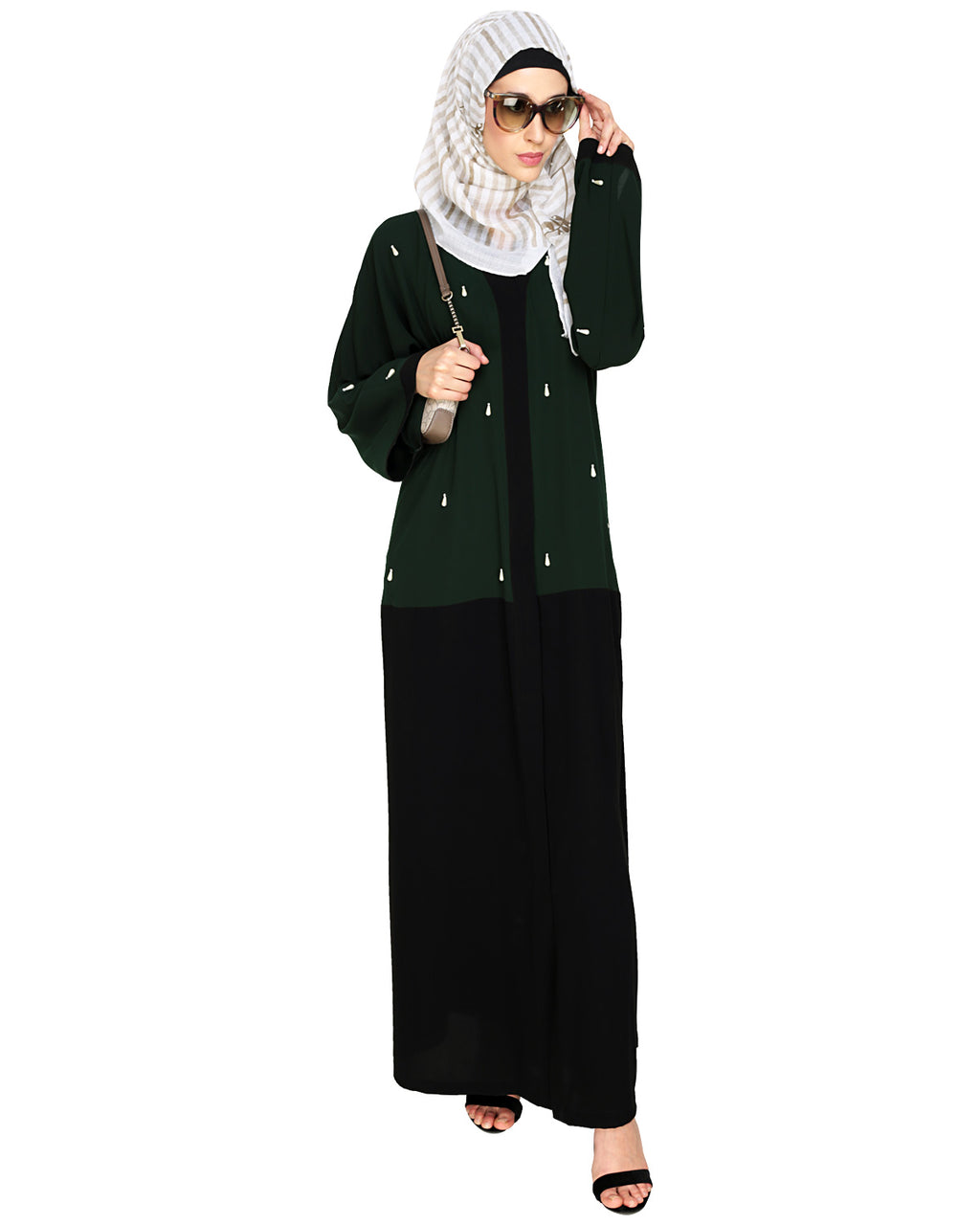 Pearl Delight Dubai Style Abaya Black & Green