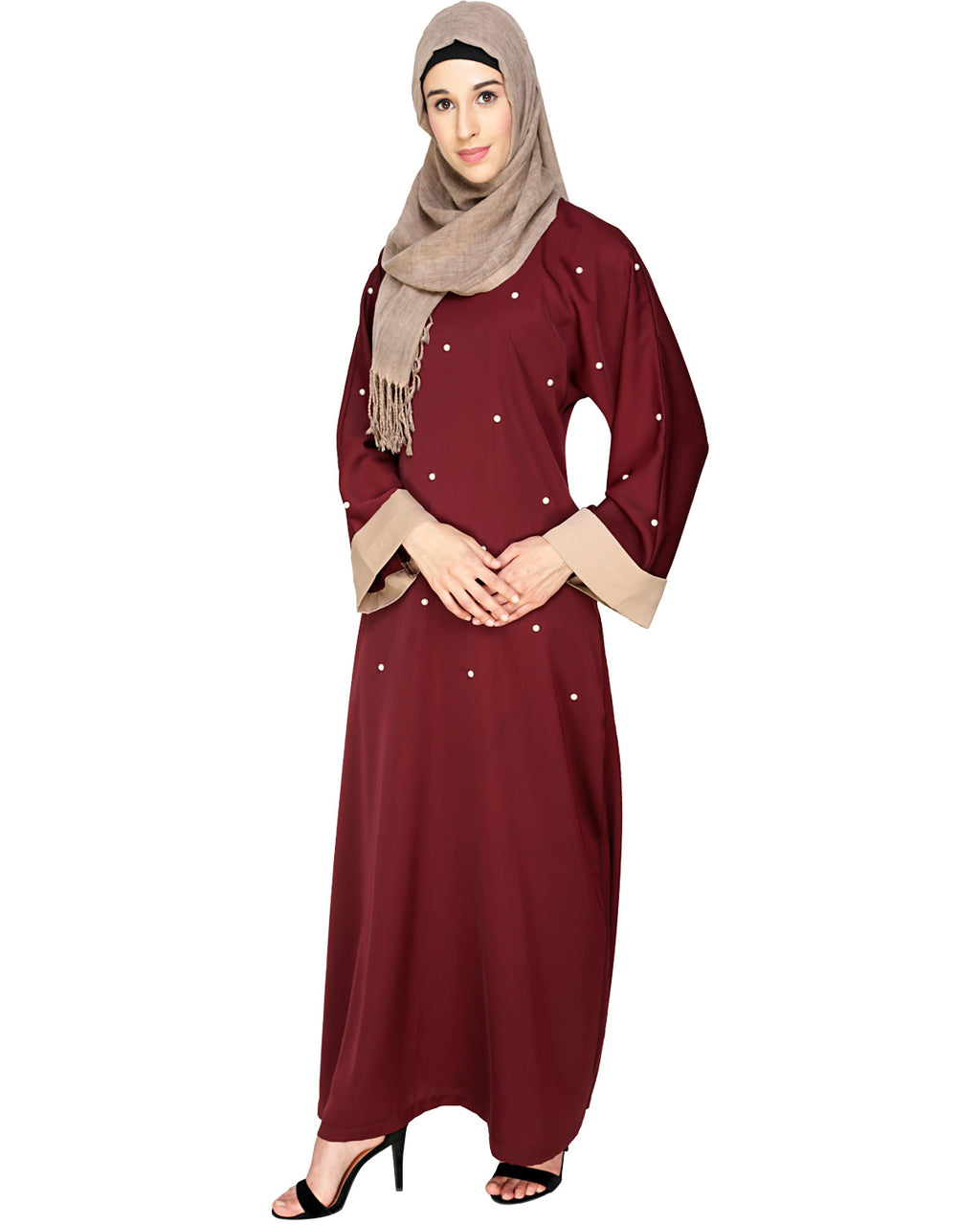 Pearl Delight Dubai Style Abaya Black & Wine