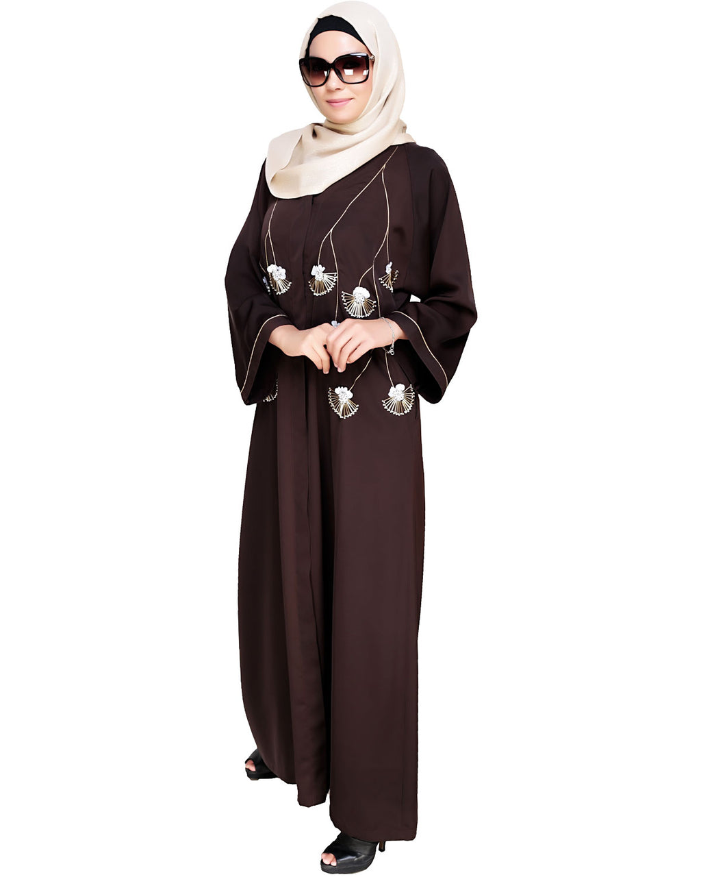 Hanging Tulip Embroidered Dubai Style Abaya Brown