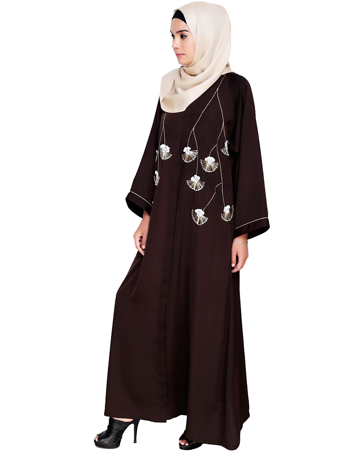 Hanging Tulip Embroidered Dubai Style Abaya Brown